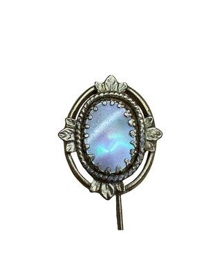 Antique Gold Tone Stick Hat Pin Abalone Iridescent Oval Stone & Leaf Design 3"